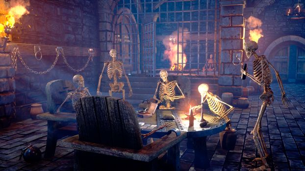 Party at the creepy skeletons in a mystical medieval dungeon. Mystical nightmare concept. View of the ancient catacomb and the old skeletons.