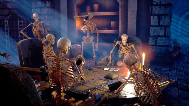 Ancient skeletons in a medieval castle are having fun. Mystical nightmare concept. View of the ancient catacomb and the old skeletons.