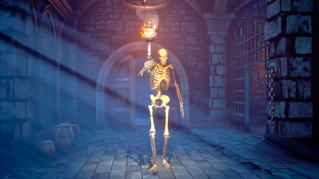 A creepy skeleton with a torch walks through a medieval dungeon. Mystical nightmare concept. View of the ancient catacomb and the creepy skeleton.