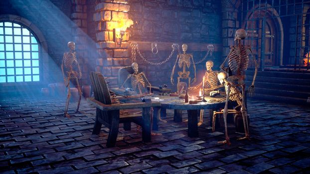 Party at the creepy skeletons in a mystical medieval dungeon. Mystical nightmare concept. View of the ancient catacomb and the old skeletons.