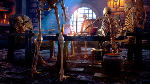 Party at the creepy skeletons in a mystical medieval dungeon. Mystical nightmare concept. View of the ancient catacomb and the old skeletons.