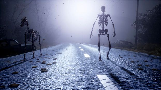 A dark army of skeletons is walking along a mystical abandoned road. View of an abandoned apocalyptic foggy road.