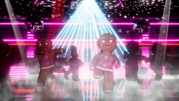 Happy gingerbread men are dancing at the New Year's night disco. The concept of the Christmas celebration.