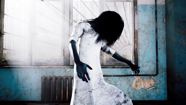 A horrible girl in a white dress, looking like a zombie, moves through an abandoned mystical house. View of an abandoned apocalyptic corridor and spooky girl.