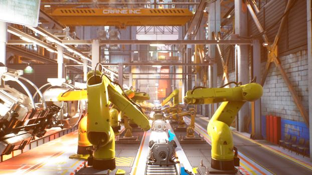 Automated production line at a car factory. Close-up of welding work. Welding line with robotic welders. View of the automatic plant.