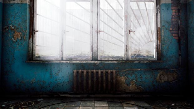 Corridor of an abandoned hospital with debris and dust on the floor. View of an abandoned apocalyptic house.