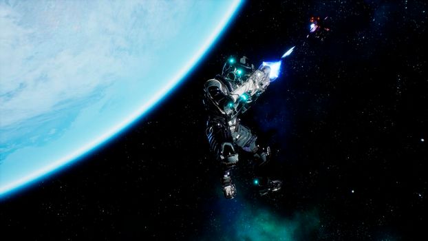 Battle of soldiers of the future in open space near the blue planet. Shootout in deep space.