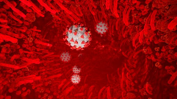 Flying through a blood vessel in an organism infected with the Covid-19 coronavirus. An organism infected with the 2019-ncov virus. Coronavirus and blood cells inside the body.