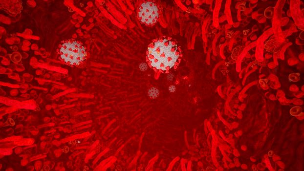 Flying through a blood vessel in an organism infected with the Covid-19 coronavirus. An organism infected with the 2019-ncov virus. Coronavirus and blood cells inside the body.