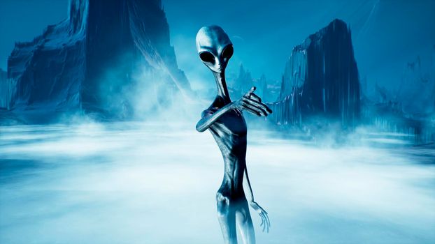 The alien makes an accusing and threatening gesture pointing his index finger.