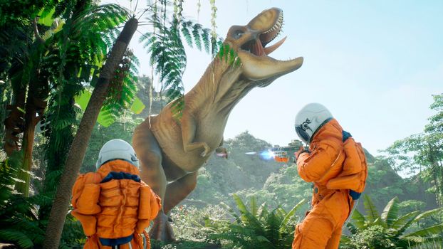 Astronauts battle the dinosaur Tyrannosaurus Rex in a prehistoric alien jungle. View of the green prehistoric jungle forest on a sunny morning.