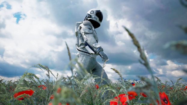 An astronaut-Explorer is walking on a blooming planet.