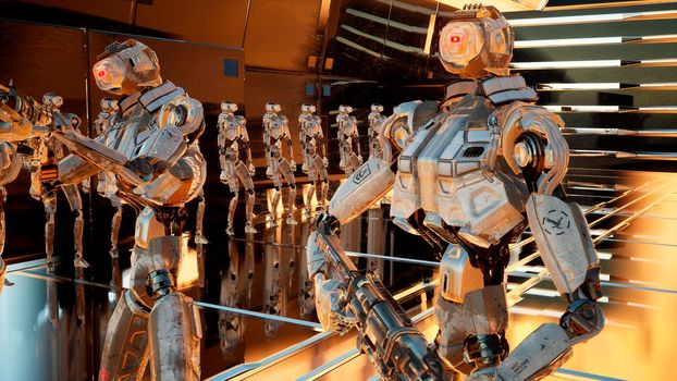 Military robots-androids arrived on a spaceship to an alien planet for its colonization.
