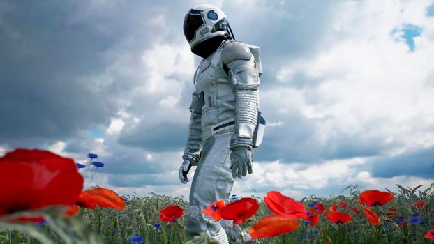 An astronaut-Explorer is walking on a blooming planet.