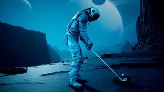 An astronaut explorer is playing Golf on a beautiful alien planet.
