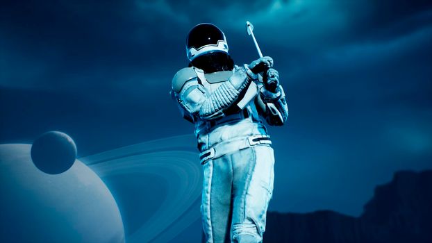 A research astronaut plays golf on an alien uninhabited planet.