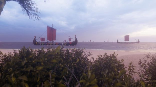 Viking warships sail past a beautiful lost tropical island. Concept on the theme of the Vikings and the early middle ages.