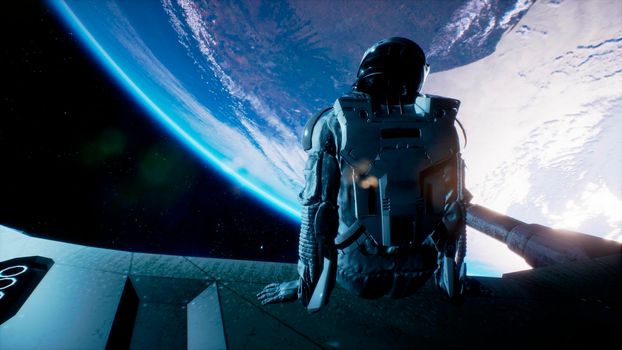 An astronaut sits on the wing of his spaceship and swings his legs looking at the blue planet.