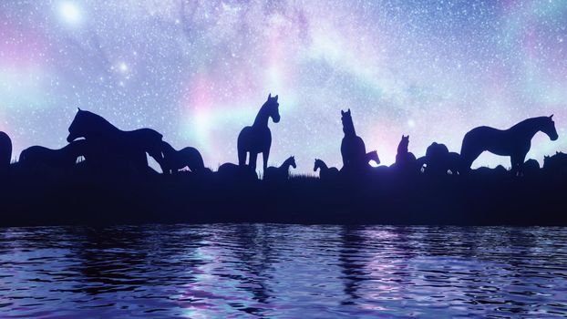A large herd of horses grazing in the steppe near a pond against the background of stars and Northern lights. Animal husbandry and nature.