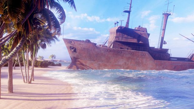A ruined rusty ship lies on the beach of a tropical island. Concept of abandoned industrial vessels.