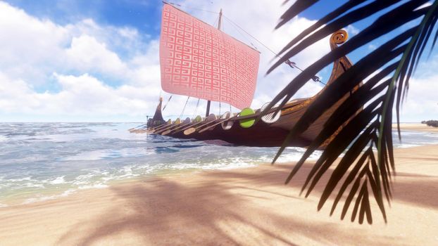 A Viking warship stands on the beach of an uninhabited tropical island. Concept on the theme of the Vikings and the early middle ages.