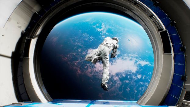 An astronaut jumps out of a spaceship into outer space.