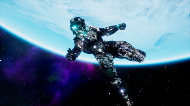 A soldier of the future falls on a blue planet in outer space.