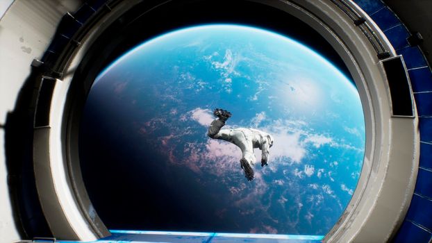 An astronaut jumps out of a spaceship into outer space.