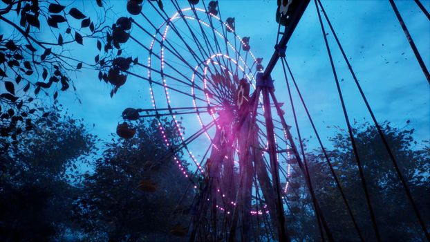 Abandoned Apocalyptic Ferris wheel and carousel in an amusement Park in a city deserted after the Apocalypse.