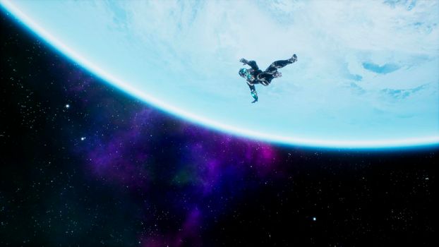 A soldier of the future falls on a blue planet in outer space.