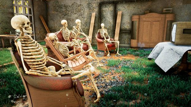 Several skeletons sit in a close family circle in an abandoned house and watch static noise on an old TV. The concept of a post-apocalyptic world or Halloween horror.