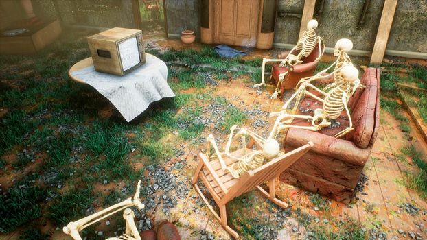 Several skeletons sit in a close family circle in an abandoned house and watch static noise on an old TV. The concept of a post-apocalyptic world or Halloween horror.