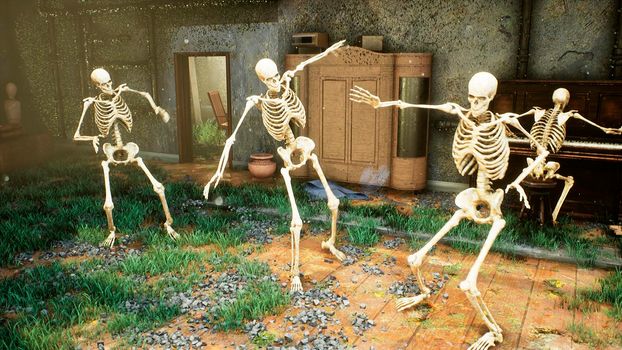 Skeletons dancing a fun dance in an old ruined house. The concept of a post-apocalyptic world or Halloween horror.