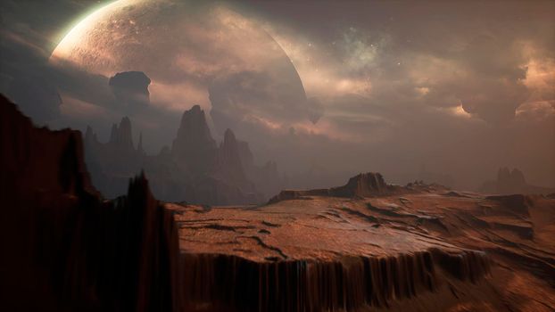 Panoramic landscape on the surface of an alien unusual planet.