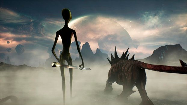 An alien with his unusual animal go hunting. Landscape of a creepy alien planet in a lost space.