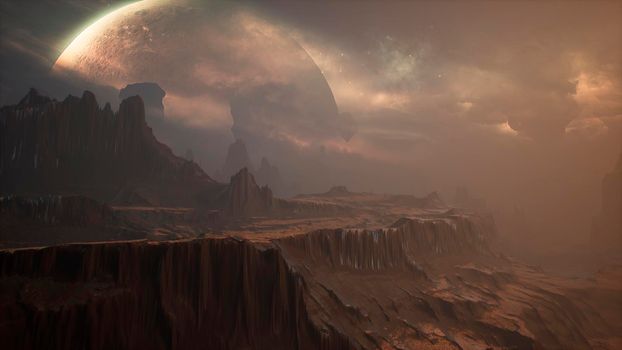 Panoramic landscape on the surface of an alien unusual planet.