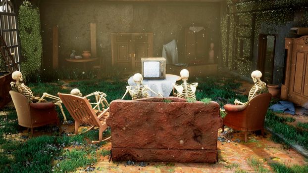 Several skeletons sit in a close family circle in an abandoned house and watch static noise on an old TV. The concept of a post-apocalyptic world or Halloween horror.
