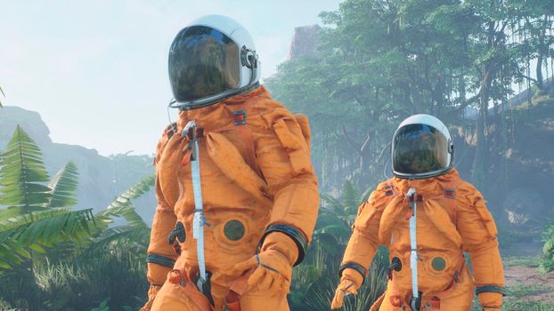 Research astronauts landed on an alien green planet.