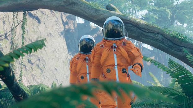 An astronaut-Explorer is walking on a blooming planet.