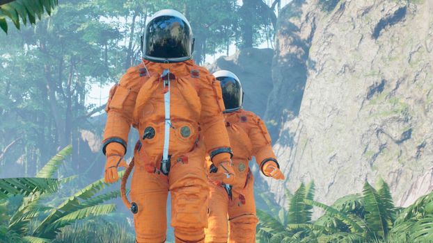 The astronauts-scientists are studying a foreign green deserted planet.