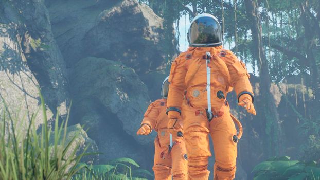 An astronaut-Explorer is walking on a blooming planet.