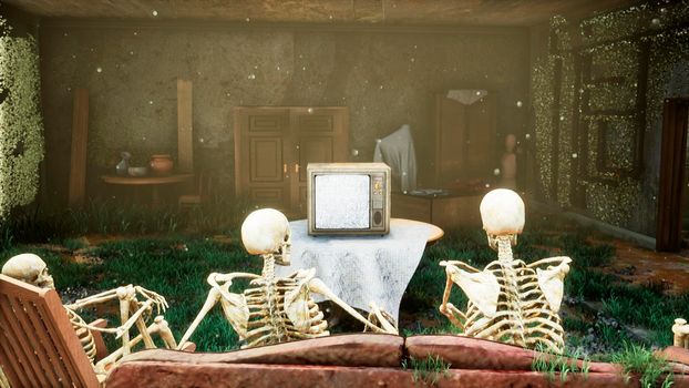 Several skeletons sit in a close family circle in an abandoned house and watch static noise on an old TV. The concept of a post-apocalyptic world or Halloween horror.