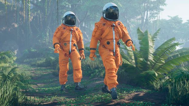 The astronauts-scientists are studying a foreign green deserted planet.
