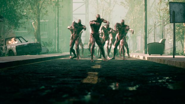 The zombies are walking through an abandoned and deserted city. The concept of the zombie-apocalypse for fantasy, fiction, zombie and apocalypse backgrounds.