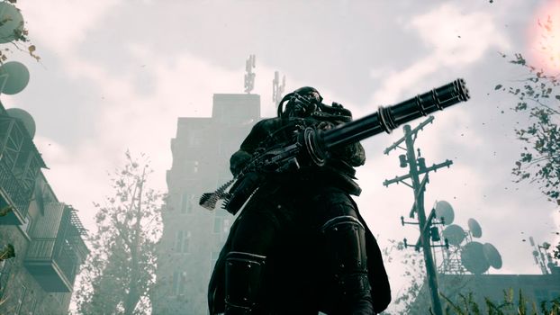 The last soldier of the Apocalypse fires a machine gun in a deserted apocalyptic city.