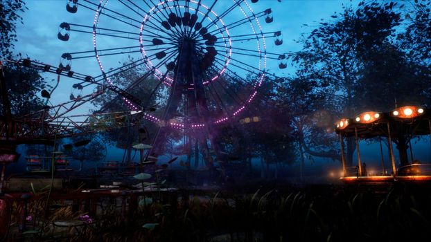 Abandoned Apocalyptic Ferris wheel and carousel in an amusement Park in a city deserted after the Apocalypse.