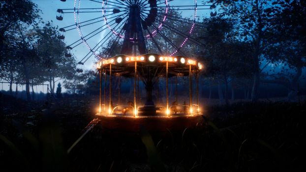 Abandoned Carousel and Ferris wheel in an amusement Park in an abandoned city.