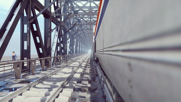 People cross a railway bridge on a cloudy summer morning when a passenger train passes by.