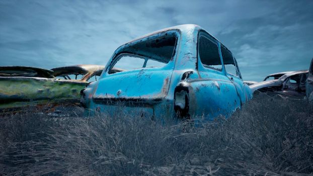 Car dump of old abandoned cars. Rusty damaged cars. A lot of destroyed, ruined, abandoned cars.