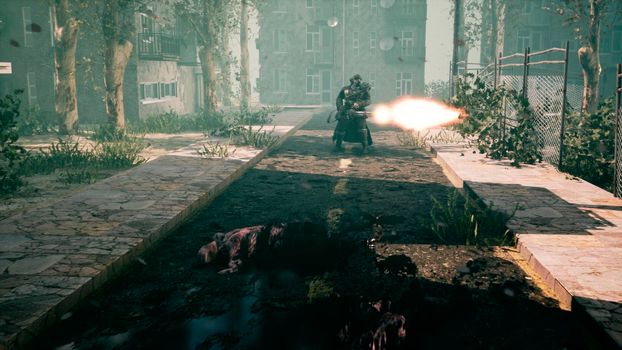 The last survivor of the Apocalypse shoots nightmarish zombies with a machine gun in a deserted city.